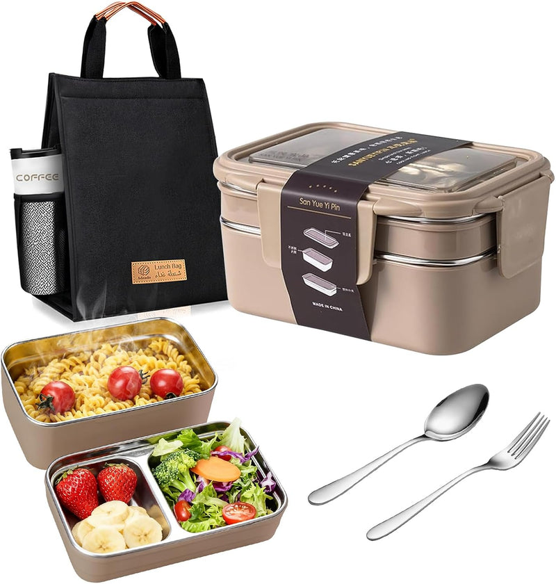 Stainless Steel Lunch Box: 1100ml 2-Layer Insulated Bento Lunch Box for Adults and kids - 304 Lunch Containers Insulated Leakproof with Tableware & Bag - Microwave & Dishwasher Safe (Khaki) - Dark Khaki