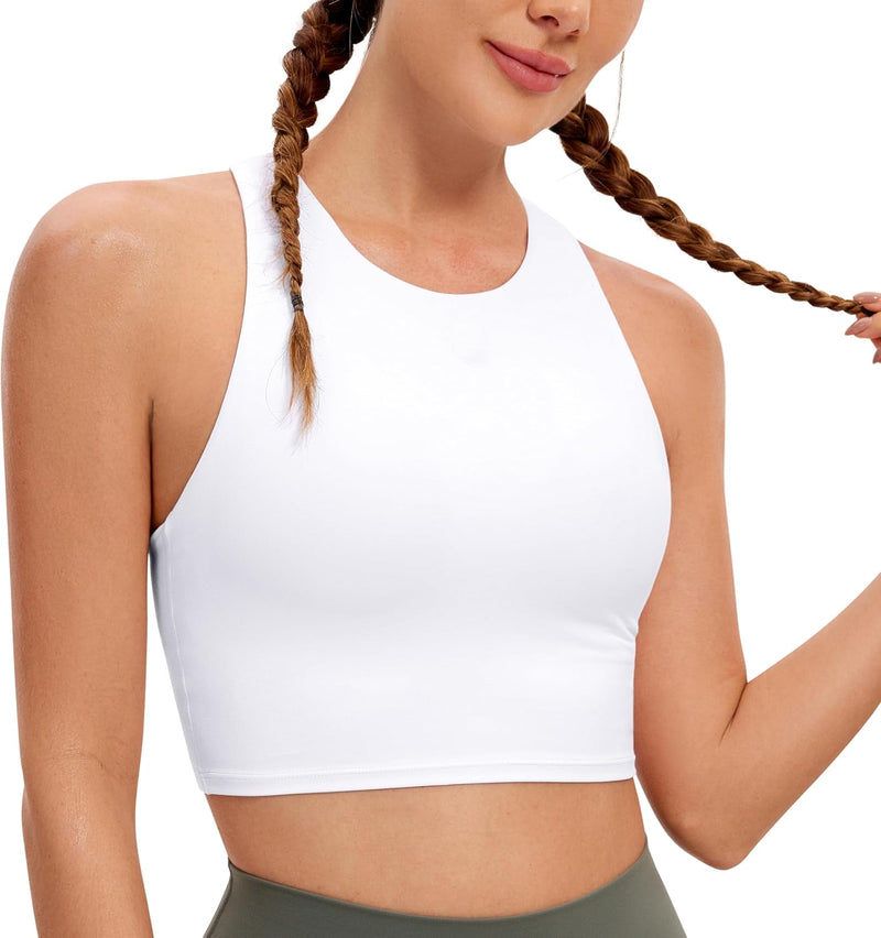 CRZ YOGA Butterluxe Womens Racerback High Neck Longline Sports Bra - Padded Workout Crop Tank Tops with Built in Shelf Bra