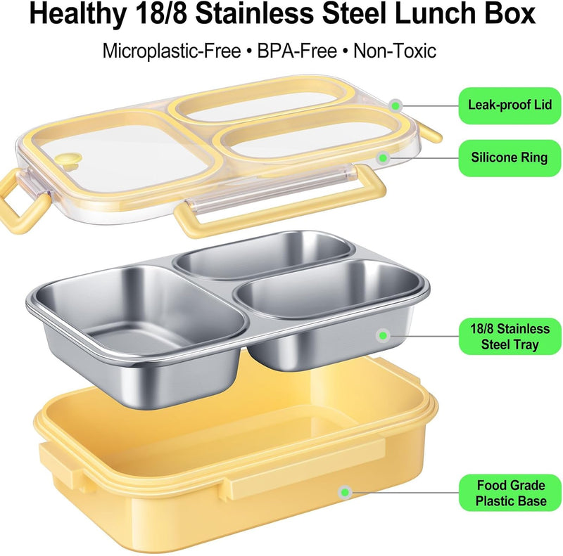 BIGTHREE Stainless Steel Lunch Box for Kids & Adults, Bento Lunch Box, 800-1000ml, 3 Compartment Metal Lunch Container, One-Touch Latch, Leakproof Food Container