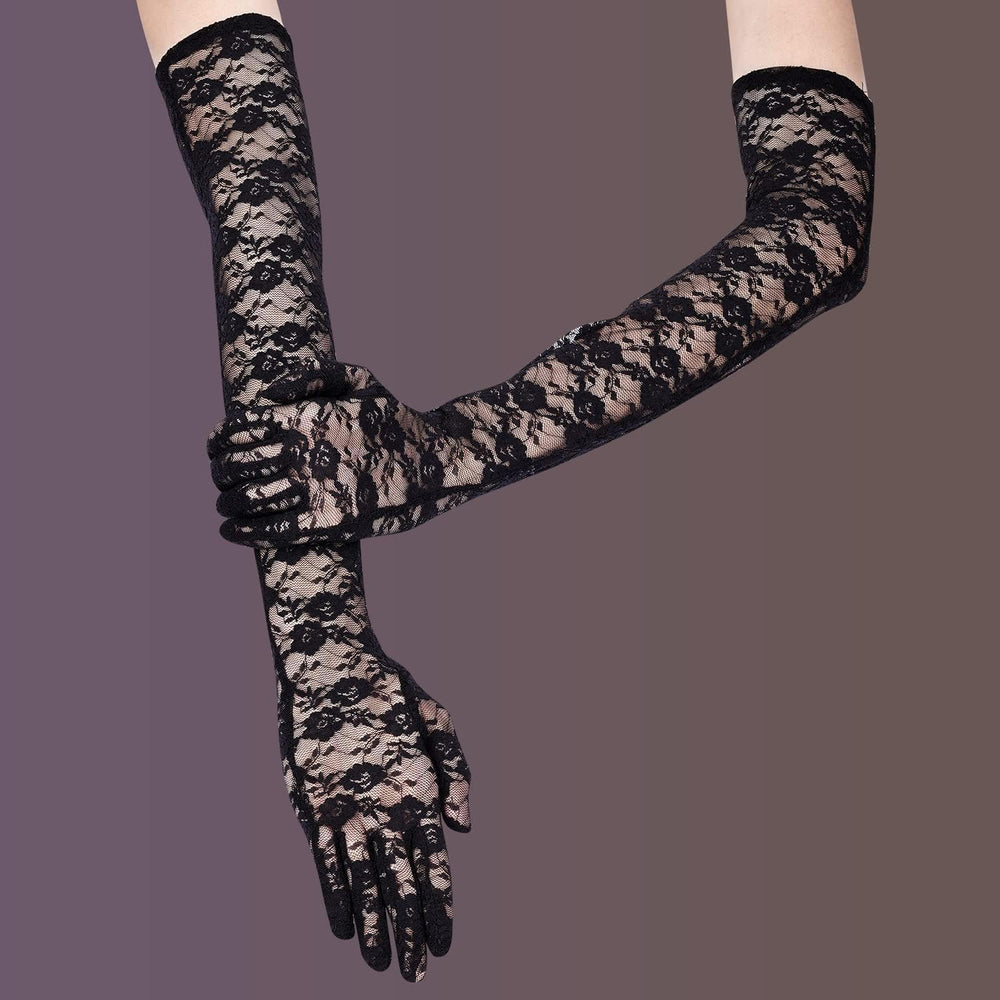 Excefore Long Lace Gloves - Elbow Length Black Bridal Accessories for 1920s Costume Fancy Dress - Women and Girls