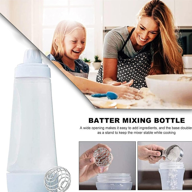 Pancake Batter Dispenser - Kitchen Tool for Cupcakes, Crepes, Waffles & Cookies - Liquid Batter Mix Dispensing Bottle with Measurement Marks, Easy Squeeze