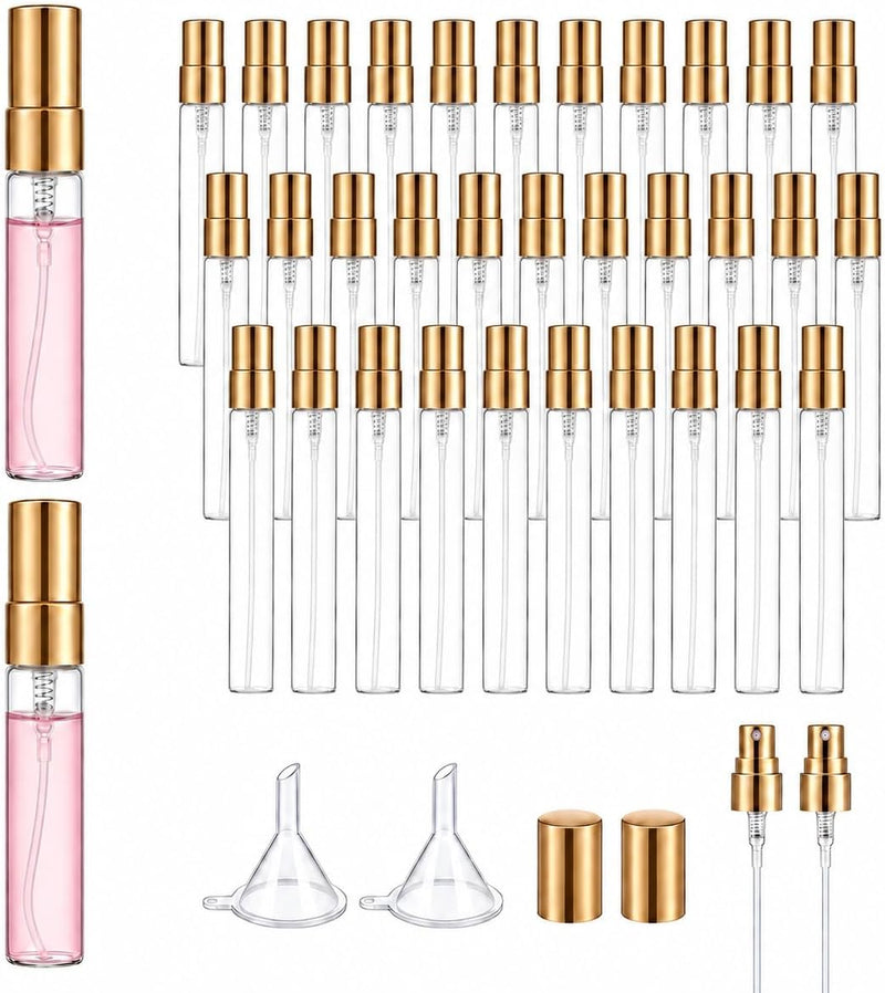 Zimtty 50 Pcs 10ml Glass Perfume Spray Bottles, Refillable Mini Atomizers with Caps, Portable Travel Sample Containers, Fine Mist Sprayers, Includes 2 Funnels, Ideal for Perfumes, Essential Oils - 10ml+Golden Aluminum Cap