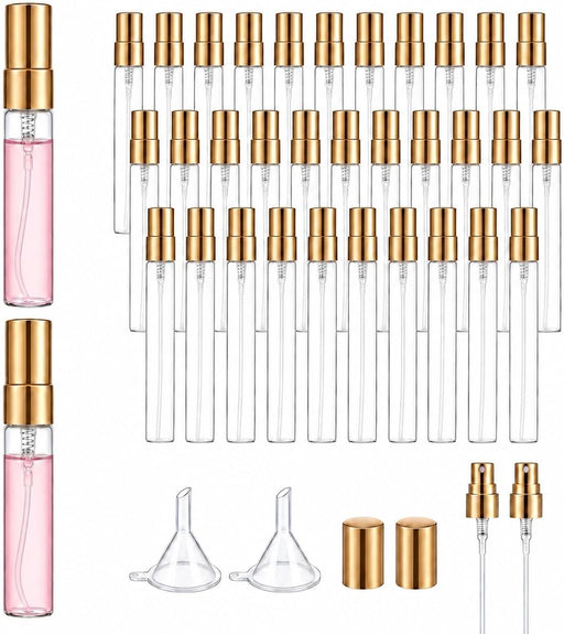 Zimtty 50 Pcs 10ml Glass Perfume Spray Bottles, Refillable Mini Atomizers with Caps, Portable Travel Sample Containers, Fine Mist Sprayers, Includes 2 Funnels, Ideal for Perfumes, Essential Oils - 10ml+Golden Aluminum Cap