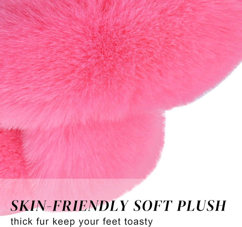 Women's Cross Band Slippers Soft Plush Furry Cozy Open Toe House Shoes Indoor Outdoor Faux Rabbit Fur Warm Comfy Slip On Breathable