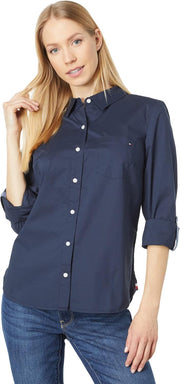 Women's Solid Button Collared Shirt with Adjustable Sleeves - Sky Captain