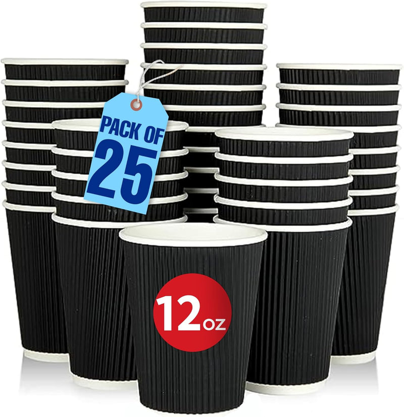 MARKQ 25 Cups 12 oz. Black Disposable Coffee Cups - Triple Wall Ripple Hot Paper Cups for Tea, Drinks To-Go - 12 oz.