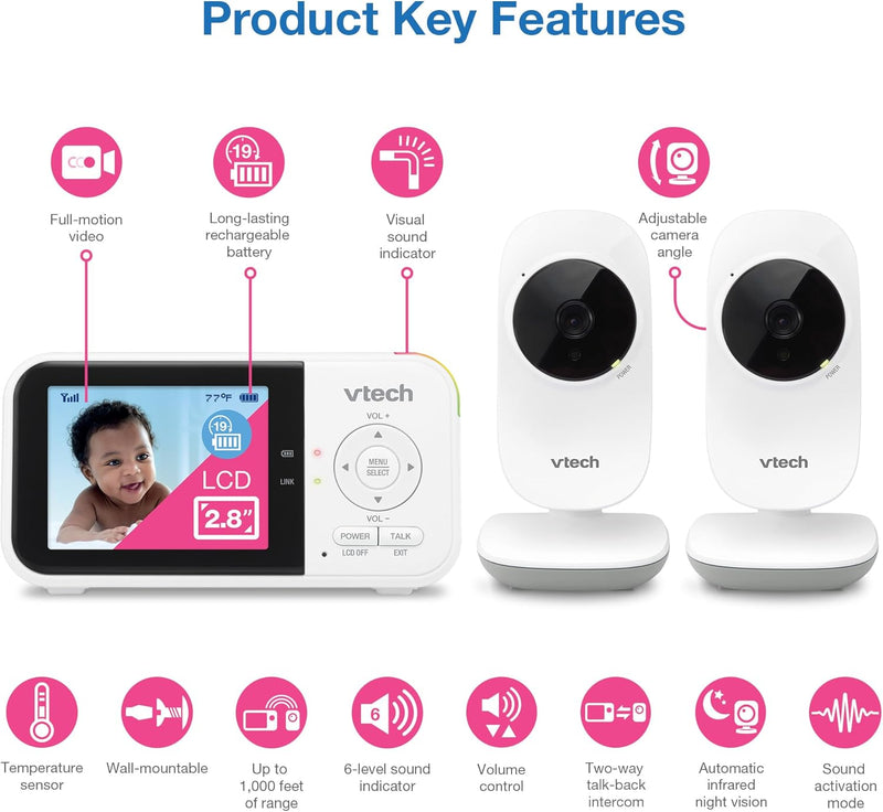 VTech VM819-2 Baby Monitor, 2.8” Screen, 2 Cameras, 1000ft Range, Night Vision, 2-Way Audio, Temperature Sensor, Lullabies, Secured Transmission No WiFi