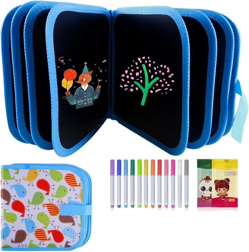 McMola Erasable Doodle Books, Double-Sided Kids' Drawing Writing Boards with 12 Coloring Pens, Portable Early Learning Drawing Pad Travel Toys Birthday Gifts for 3-8 Year Old Boys Girls (Blue)