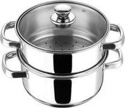 Vinod Stainless Steel 2-Tier Steamer 20cm Vegetable, Momo Steamer with Glass Lid, Sturdy Handle, Induction & Gas Friendly Perfect for Couscous, Dumplings & Rice Dishes