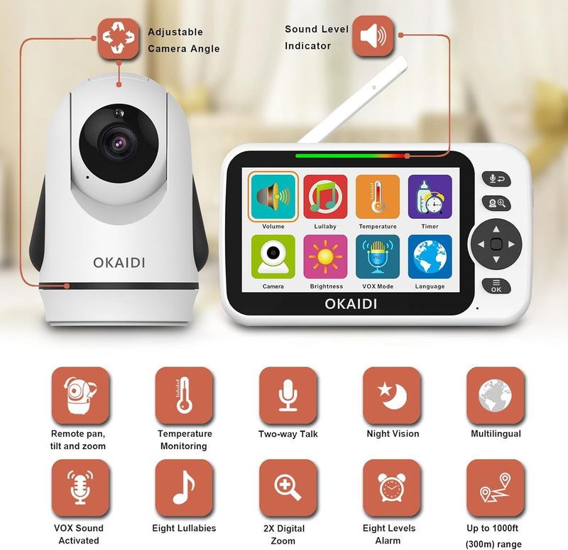 OKAIDI Video Baby Monitor with Camera and Audio, 5" Display Baby Monitor No WiFi, 30H Battery and 1000ft Range Baby Monitor, Remote Pan-Tilt-Zoom Baby Camera, Night Vision, 2-Way Talk, VOX,Temperature