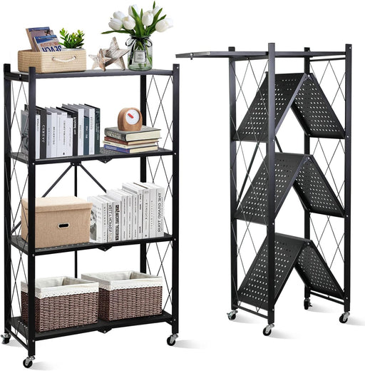 SKY-TOUCH Foldable Storage Organizer 4 Tier, Storage Shelves Kitchen Cabinet Storage Rack, Shelf Storage Multipurpose Rack for Living Room Bedroom Kitchen Garage Black - Black 4-shelf