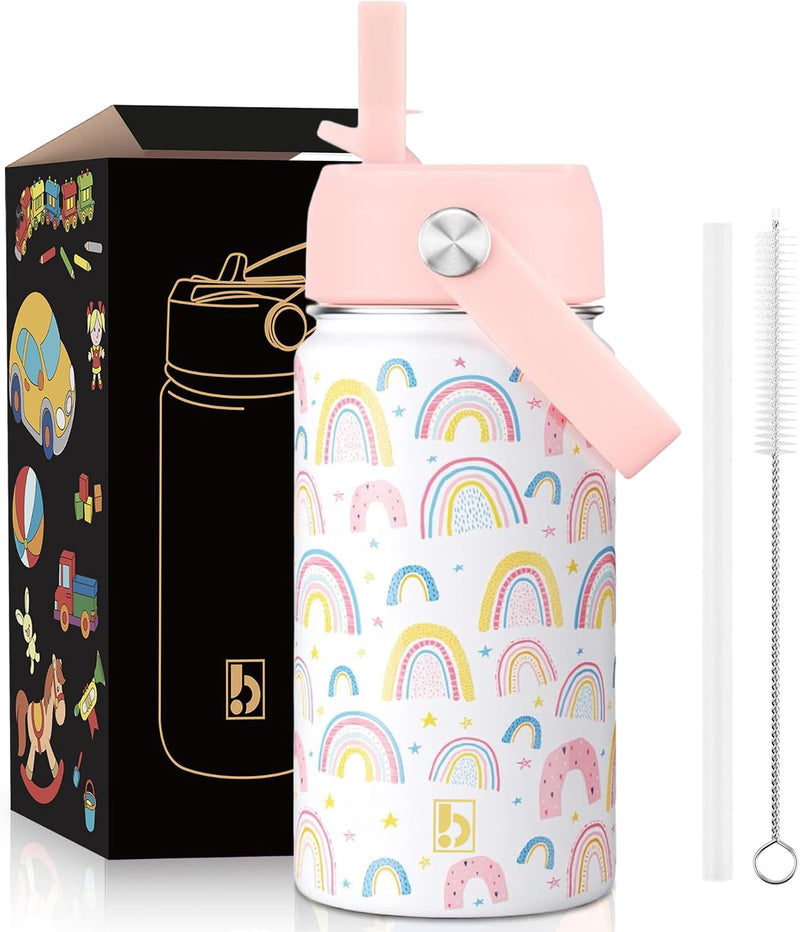 Kids Water Bottle 410ml Stainless Steel Hydro Flask Double Wall Insulated Thermal Bottle with Straw Lid BPA Free Cup Hot Cold Sports Toddler School Boys Girls 14oz (DINOSAUR BLUE 410ML) - RAINBOW