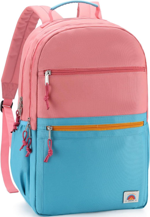 School Bag for Teen,Vaschy Lightweight Water Resistant Kids Toddller Backpack Boys Girls Plain Color-block Kids Bookbag Daypack with Two Sizes - Pink Blue-L