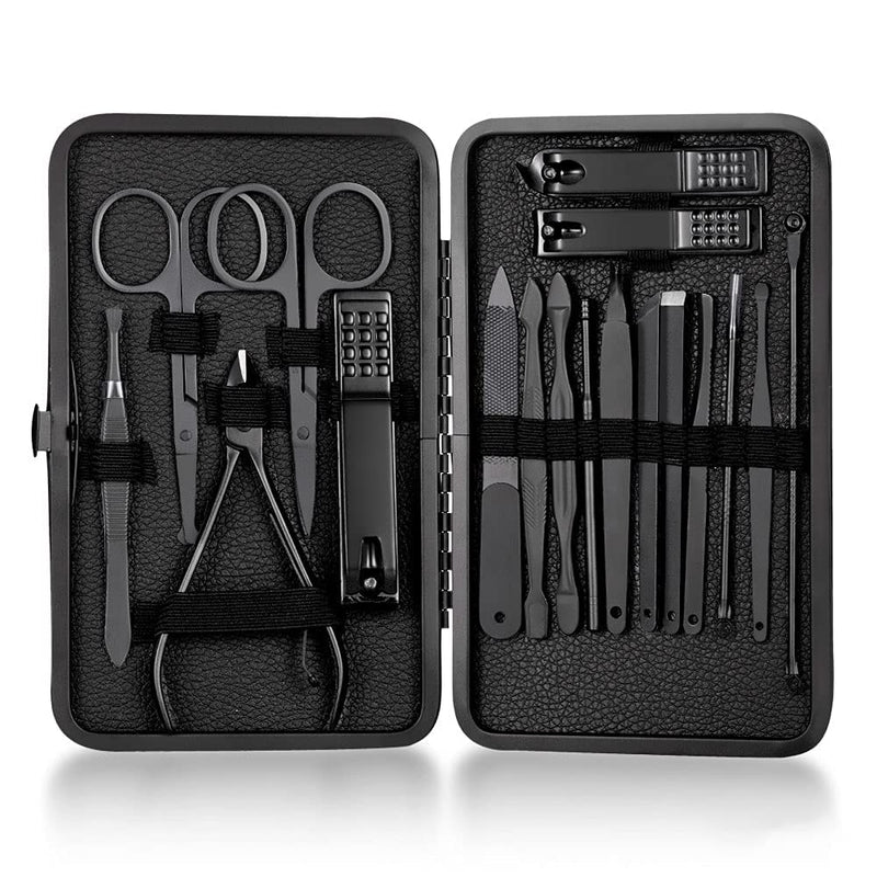 Professional Nail Clippers Set 18 pcs, KASTWAVE Black Stainless Steel Sharp Nail Trimmer Pedicure and Manicure Set with Cortex Metal Case for Men and Women