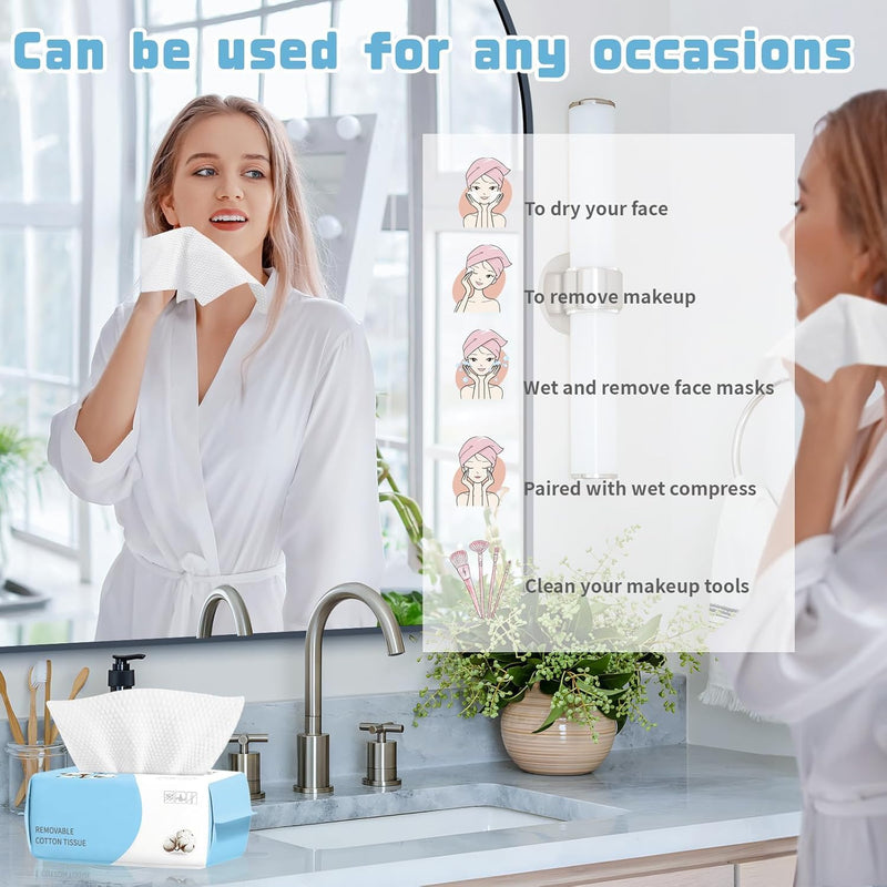 100 Count Disposable Face Towel, Biodegradable Cotton Facial Dry Wipes, Super Soft & Thick Face Cloth, Lint-Free Face Towelettes for Sensitive Skincare, Makeup Remover Dry Wipes, Facial Cleansing