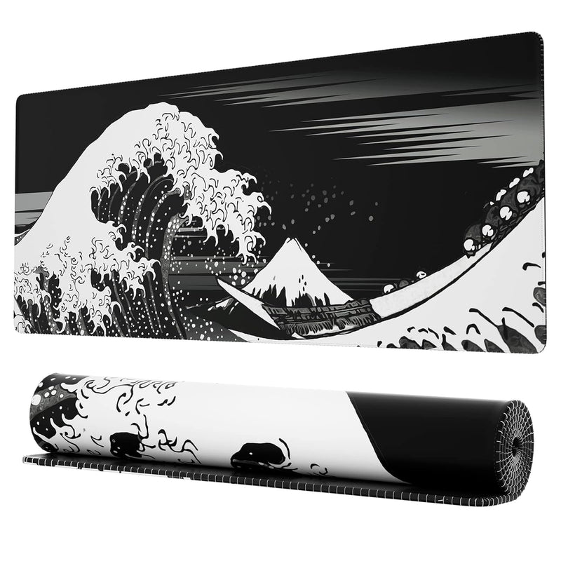 Ovenbird Extended Gaming Computer Mouse Pad, Large Black Mouse Pad for Desk, Cute Anime Japanese Great Wave Desk Pad for Keyboard and Mouse, Black, 31.5 x 11.8 x 0.12 inches