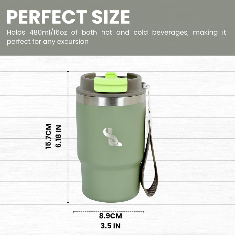 SimplyLivin. Premium Tumbler with Lid and Straw | 480ml (16oz) | Hot and Cold Drinks | Leak Proof | Travel Mug | Coffee Cup | Double Wall Stainless Steel | Unique Packaging for Gifts | Classic Beige