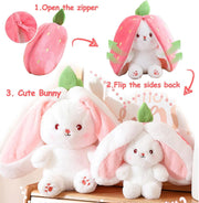 AMERTEER Strawberry Bunny Plush Toy Cute Transformed Bunny Doll Fruit Rabbit Pillow, Small Soft Plush Pillow for Kids Girls, Transformable Fruit Rabbit Toy (18cm)