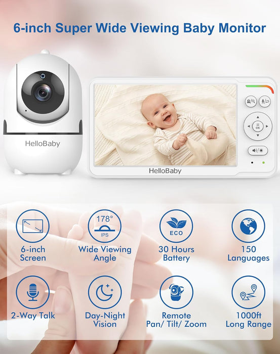 HelloBaby - Baby Monitor with Camera and Audio, 6" IPS Screen, Baby Camera Monitor, No WiFi, 30 Hours Battery, ECO, 2-Way Talk, Night Vision, 1000 ft,