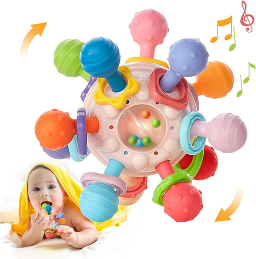 AM ANNA Baby Teething Toys 0-6 Months, Silicone Pull String Interactive 3 in 1 Baby Rattle Activity Ball, Baby Sensory Chew Toys for Boys & Girls