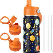 530ml Kids Insulated Water Bottle, 2 lids included, 18oz Stainless Steel Travel Tumbler Double Wall Vacuum Leak Proof Kids Cup with Straw Metal Water Bottle for School Boys Girls (Black) - Black