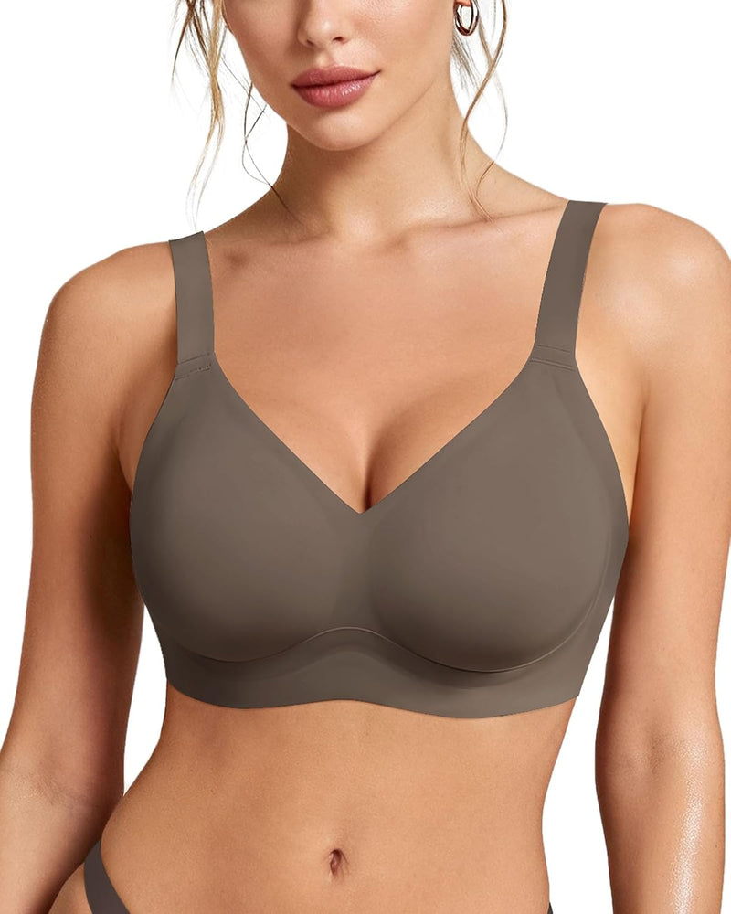 Wireless Bras for Women Soft Comfortable No Underwire T Shirt Bra Seamless Full Coverage Bras with Support - Coffee