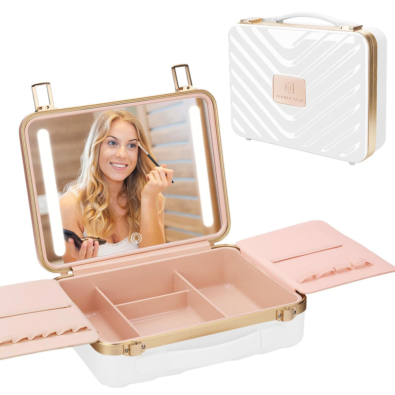 Kalolary Travel Makeup Train Cases with Lighted Mirror 3 Color Setting, Makeup Bag Cosmetic Case Organizer Adjustable Brightness Portable Makeup Storage Box For Makeup Brushes Accessories Tools,White