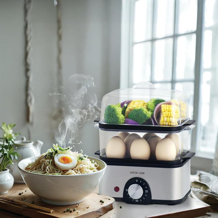 Green Lion 3-Tier Egg Cooker, Egg & Vegetable Steamer, 16 Eggs Capacity, 500mL Water Reservoir, 400-500W Power, 0-60min Timer, Stainless Steel Heating, Steam Vent Lid, Indicator Light - Gray