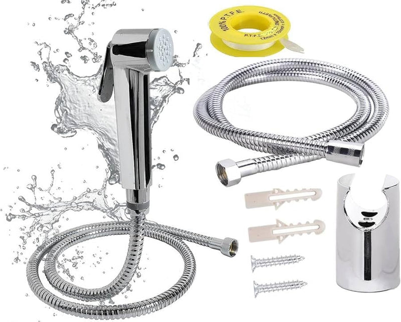 JUNARIS Handheld Bidet Sprayer Set for Toilet - شطاف تواليت Stainless Steel Shattaf with Premium Hose for Bathroom and Washroom | Chrome Shattaf Set Stainless Steel Hose (Classic)