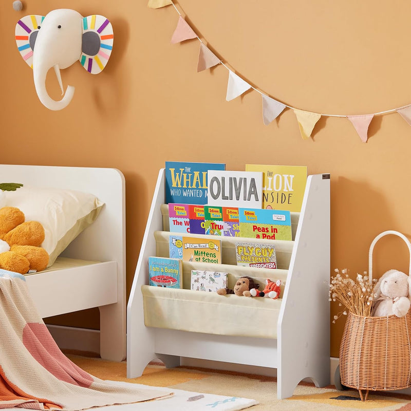 Book Shelf Kids Book Stand Bookshelf Bookcase Storage Shelves Rack Toys Organizer For Kids Storage Display Holder رف كتب الأطفال رف كتب for Children's Room, Playroom, Nursery, FRG225-W - yellow fabric