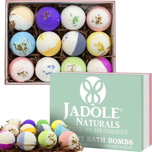 Jadole Naturals Luxury Organic Bath Bombs Gift Set- 12 Pieces With Rich Colorful Bubbles & Flavor I Infused Natural Essential Oil Bath Bombs Set for Relaxation, Stress Relief & Skin Moisturizing