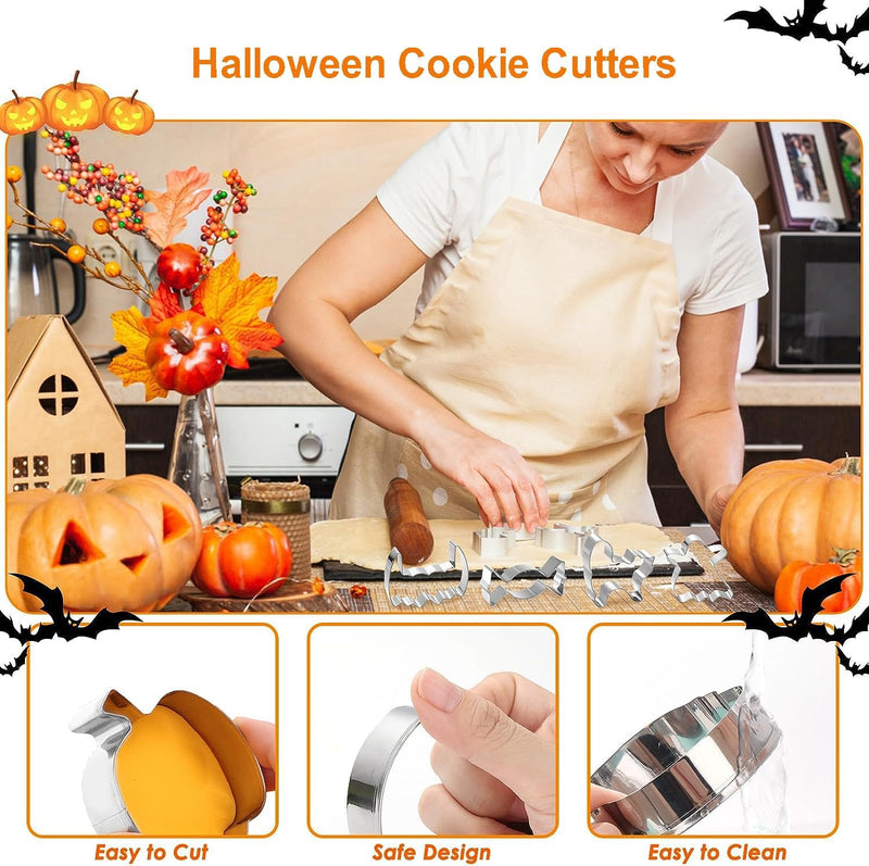 Christmas Cookie Cutters 12PCS Stainless Steel Baking Mould Kit Set, Pumpkin, Bat, Ghost, Cat, Witch shaped Halloween Party Supplies Decorations Treats