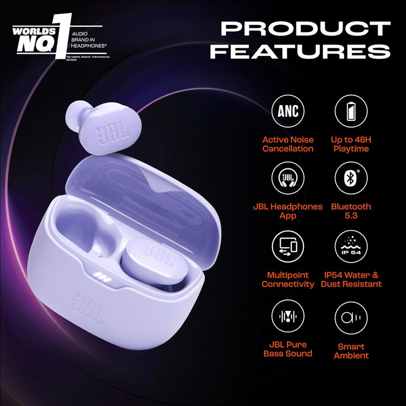 JBL Tune Buds True Wireless Noise Cancellling Earbuds, Pure Bass Sound, Bluetooth 5.3, LE Audio Support, Smart Ambient, 4-Mic Technology, 48H Battery, Water and Dust Resistant - White, JBLTBUDSWHT