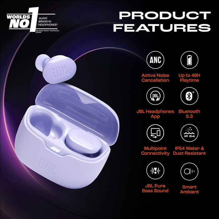 JBL Tune Buds True Wireless Noise Cancellling Earbuds, Pure Bass Sound, Bluetooth 5.3, LE Audio Support, Smart Ambient, 4-Mic Technology, 48H Battery, Water and Dust Resistant - White, JBLTBUDSWHT