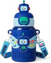Kids Water Bottle with Straw 450ml - 316 Medical Grade Stainless Steel Vacuum Insulated Flask - 3D Cute Robot Design Leakproof School Cup with Strap (Blue Robot) - Blue Robot