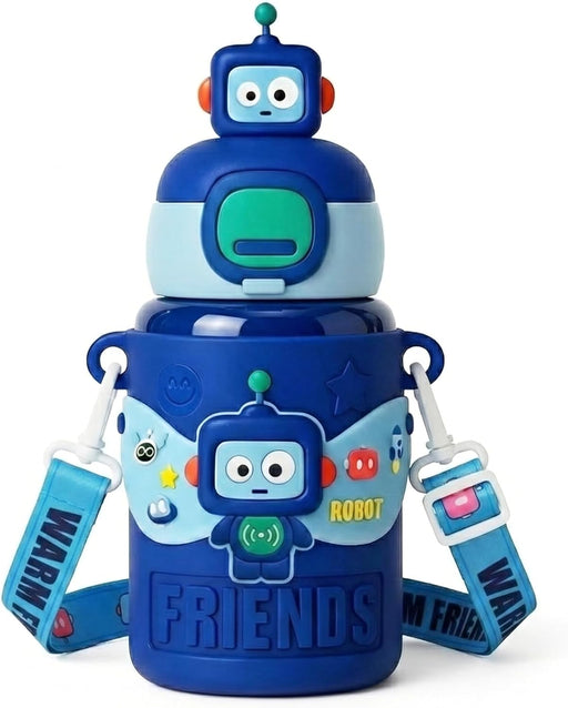 Kids Water Bottle with Straw 450ml - 316 Medical Grade Stainless Steel Vacuum Insulated Flask - 3D Cute Robot Design Leakproof School Cup with Strap (Blue Robot) - Blue Robot