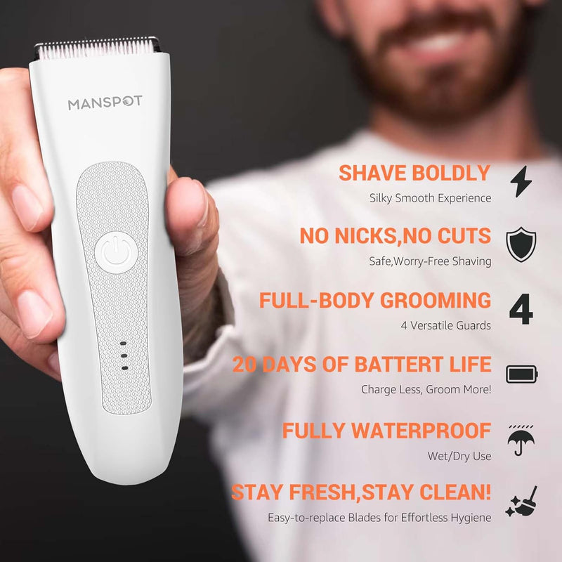 Electric Pubic Hair Trimmer Men's Shaving & Grooming Sets Kit w/ 4 Guards and Replaceable Ceramic Blade Heads, Waterproof Wet/Dry Groin Trimmer for Men, 90 Minutes Shaving, Body Groomer for Men (Blue)