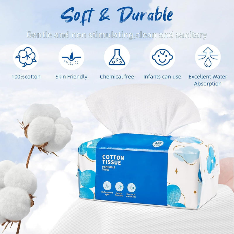100 Count Disposable Face Towels, Biodegradable Facial Clean Towels, Ultra Soft & Thick Cloth for Sensitive Skin, Skincare and Makeup Remover, Lint-Free Towelettes for Cleansing