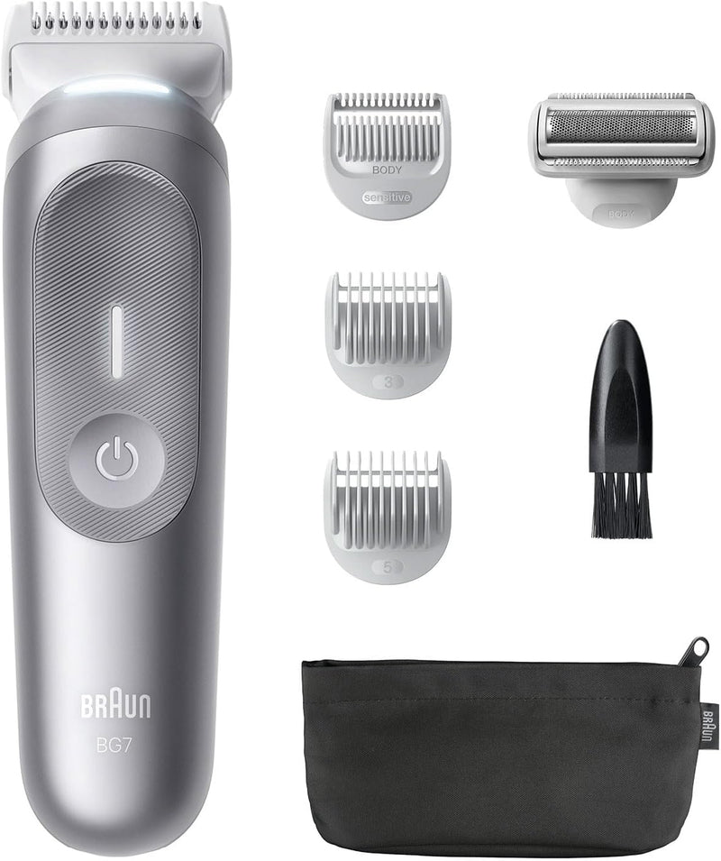 Braun Series 7 Body Groomer for Men, Body, Chest, Armpits, legs & Pubic Hair Trimmer with Smartlight & SkinGuard, 8-in-1 Grooming Kit, Waterproof with 6 Attachments, 100-Min Runtime, BG7550 Grey