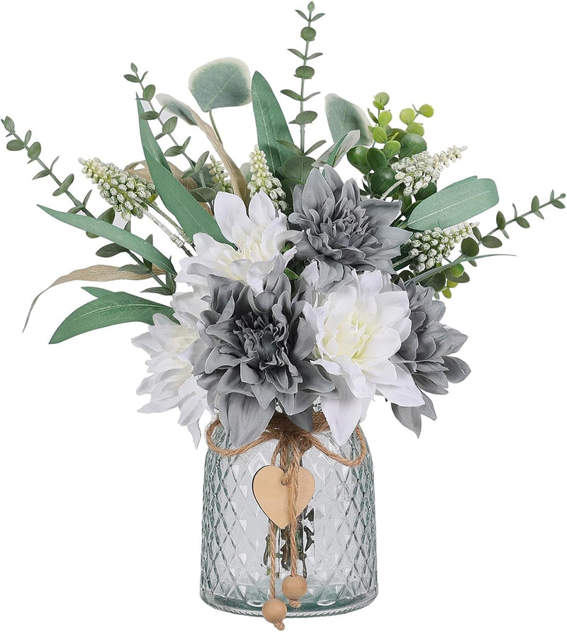 Faux Flowers with Vase, Artificial Silk Flowers in Vase, Fake Plant Eucalyptus and Willow,Flower Arrangement for Home Farmhouse kitchen Dining Table Centerpiece Decorations Table Decor (Grey Blue)