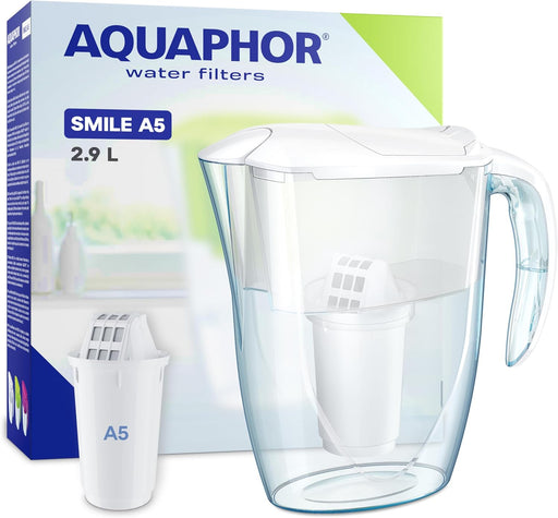 AQUAPHOR Water Filter Jug Smile, Space-saving, Lightweight Fridge door fit 2.9L Capacity 1 X A5 350L Filter Included Reduces Limescale Chlorine & Microplastics, White - With A5 Cartridge White