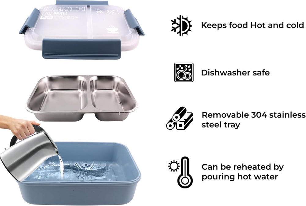 Stainless Steel Bento Lunch Box with 2 Compartments - Insulated, Leak Proof Bento Box for Kids, Adults Airtight Tiffin Lunchbox for Office, School (BLUE)