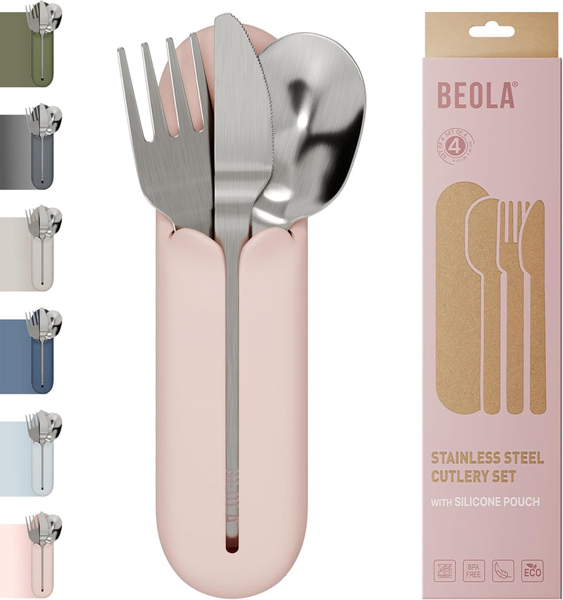 Stainless Steel Cutlery Set with Silicone Case, Travel Utensils with Pouch, Reusable Fork Spoon and Knife, Cutlery for Lunch Box Kids School, Camping Outdoor, Set of 4pcs (Sand Dune) - Blush Pink