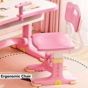 Height Adjustable Kids Desk and Chair Set, Study Table with Bookshelf & Drawer, Ergonomic School Desk Set for Boys & Girls, Bedroom Furniture for Children