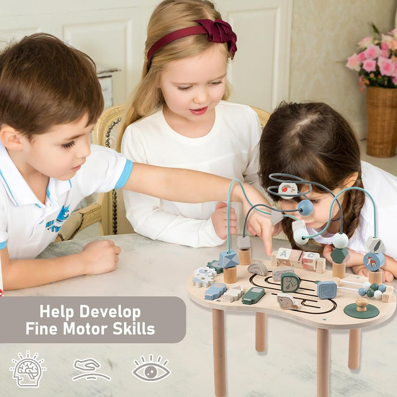 Wooden Activity Table for Toddlers 1-3, 6 in 1 Baby Play Table Activity Center with Bead Maze Shape Sorter, Montessori Toys for 1 Year Old, Kids Learning Educational Sensory Toys for Boy Girl
