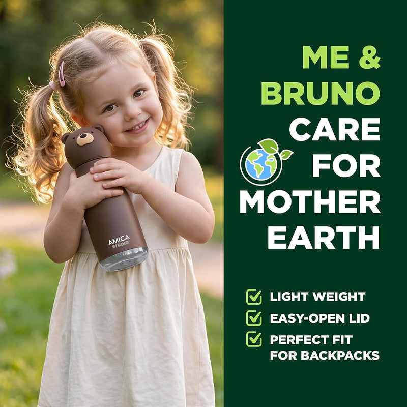 Kids Water Bottle 460ml Insulated Stainless Steel - AMICA STUDIO (Bruno Bear)