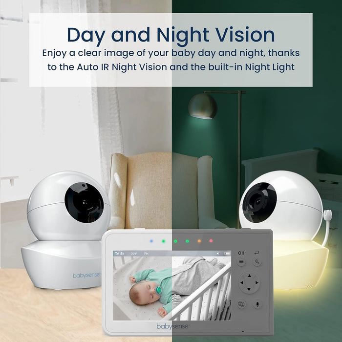 Babysense Baby Monitor with Split Screen 4.3 Inches, Video Baby Monitor with Two Cameras, PTZ Function, Range 300 m (Free Space), Night Light, Two-Way Communication, Night Vision, Lullabies