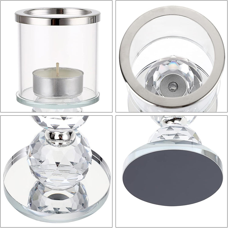 OwnMy Set of 3 Crystal Glass Candlestick Holders Pillar Candle Holders with Glass Covers, Modern Clear Glass Tea Light Candle Sticks Votive Candle Stands for Table Centerpiece Wedding Decor (Silver)
