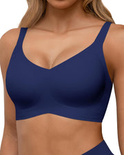 Womens Seamless Bras, Wireless Full Coverage Push Up Bras, Comfortable Support Bralette with V Neck - Navy Blue