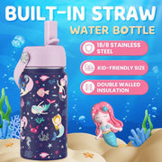 water bottle for kids 410ml, stainless steel water bottle with Straw Lid, Leakproof Sports thermos hydro flask,Double Wall Vacuum Flask for Toddler Girls & Boys, BPA-Free, 14oz